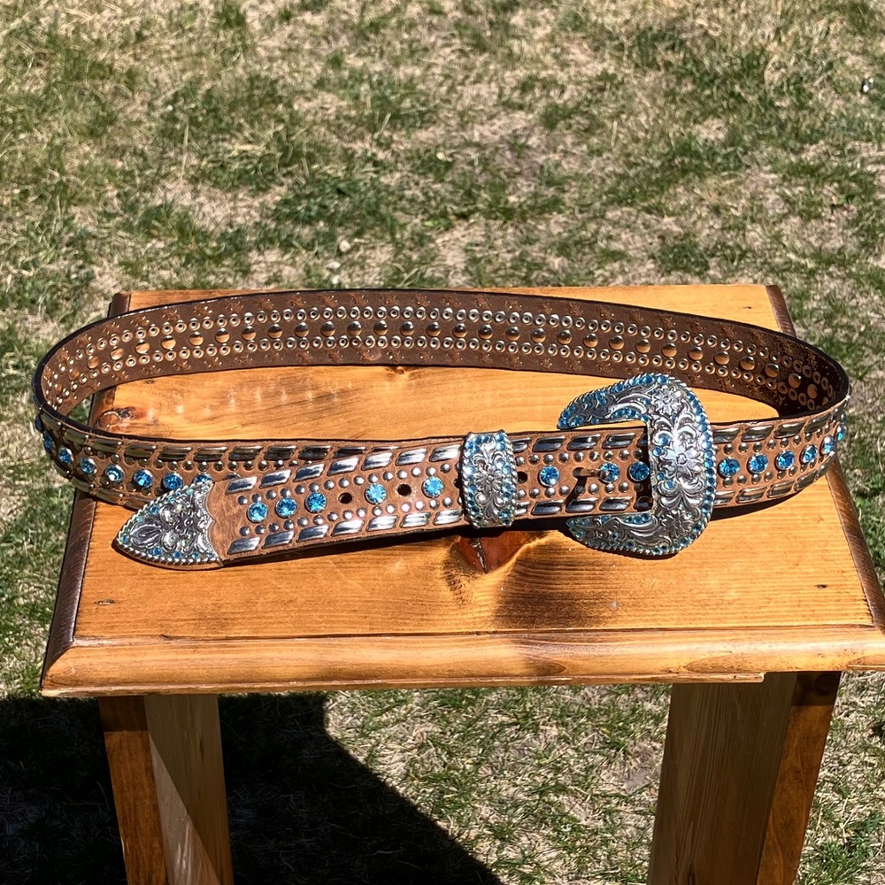 Bejeweled Western Leather Belt with Floral Buckle